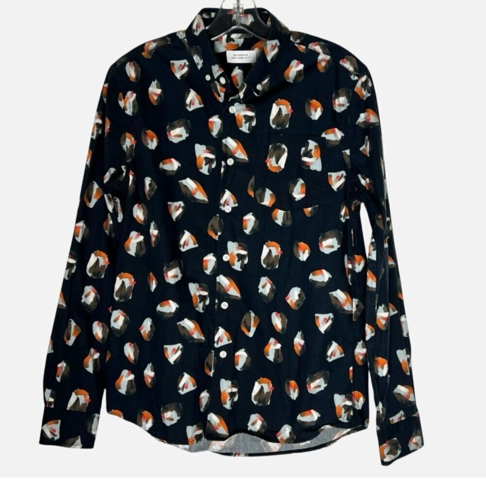 Saturdays NYC Crosby Shirt Men's Button-Front Black Print Cotton‎ Size Small